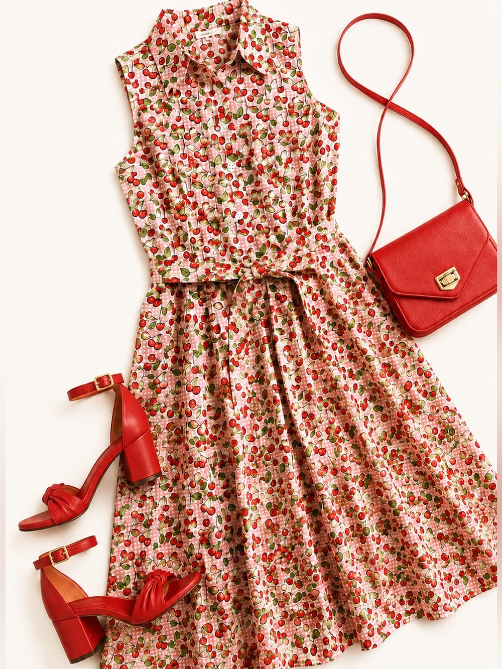 ModCloth Cherry Gingham Sleeveless Shirt Dress Pink Red Women’s Size Medium